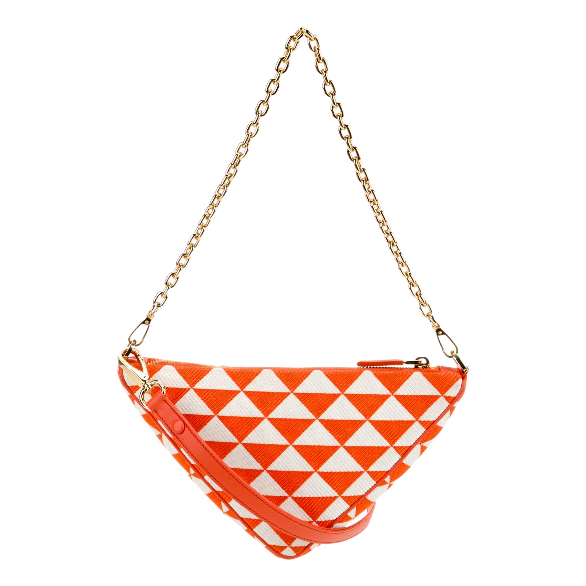 Prada Triangle Jacquard Canvas Orange White Chain Shoulder Bag