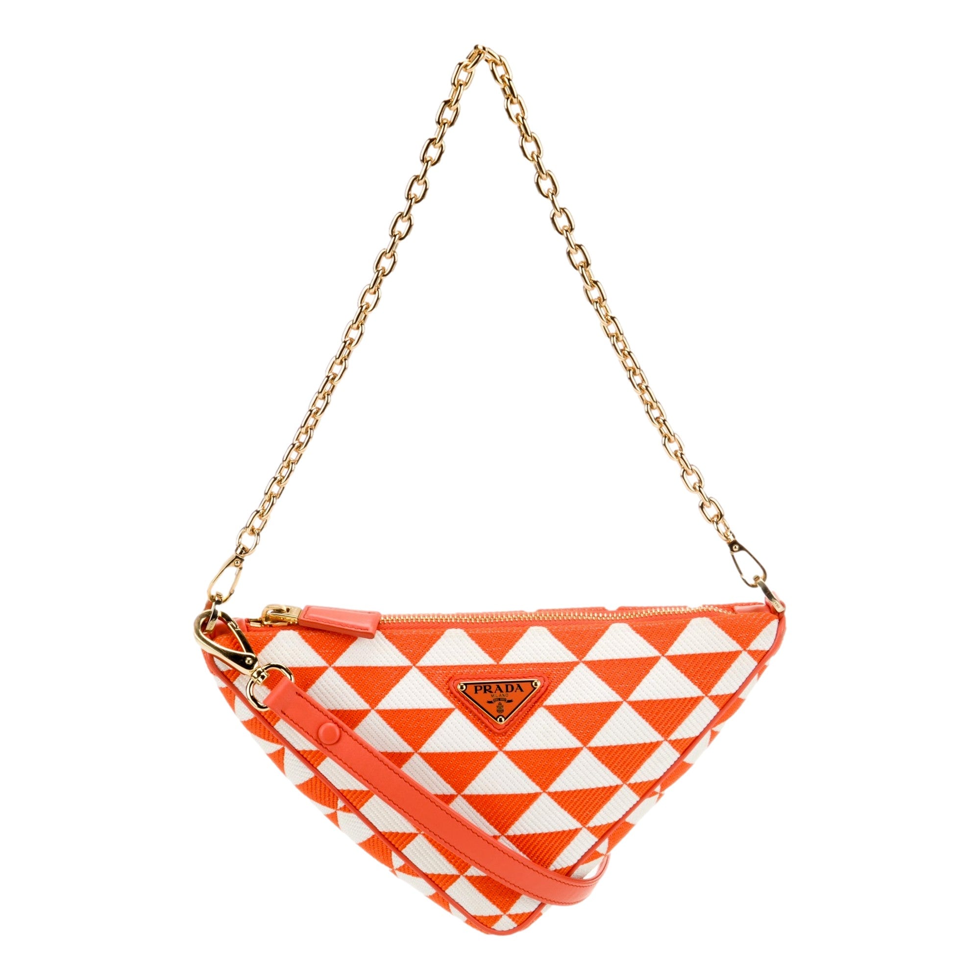 Prada Triangle Jacquard Canvas Orange White Chain Shoulder Bag