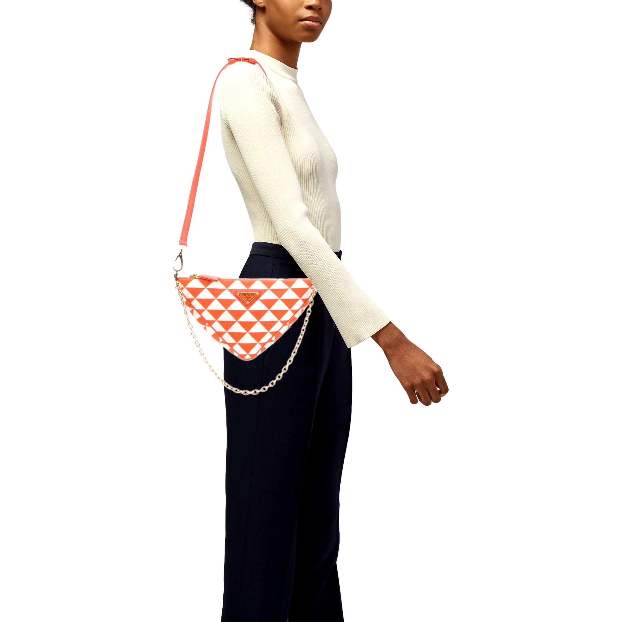 Prada Triangle Jacquard Canvas Orange White Chain Shoulder Bag