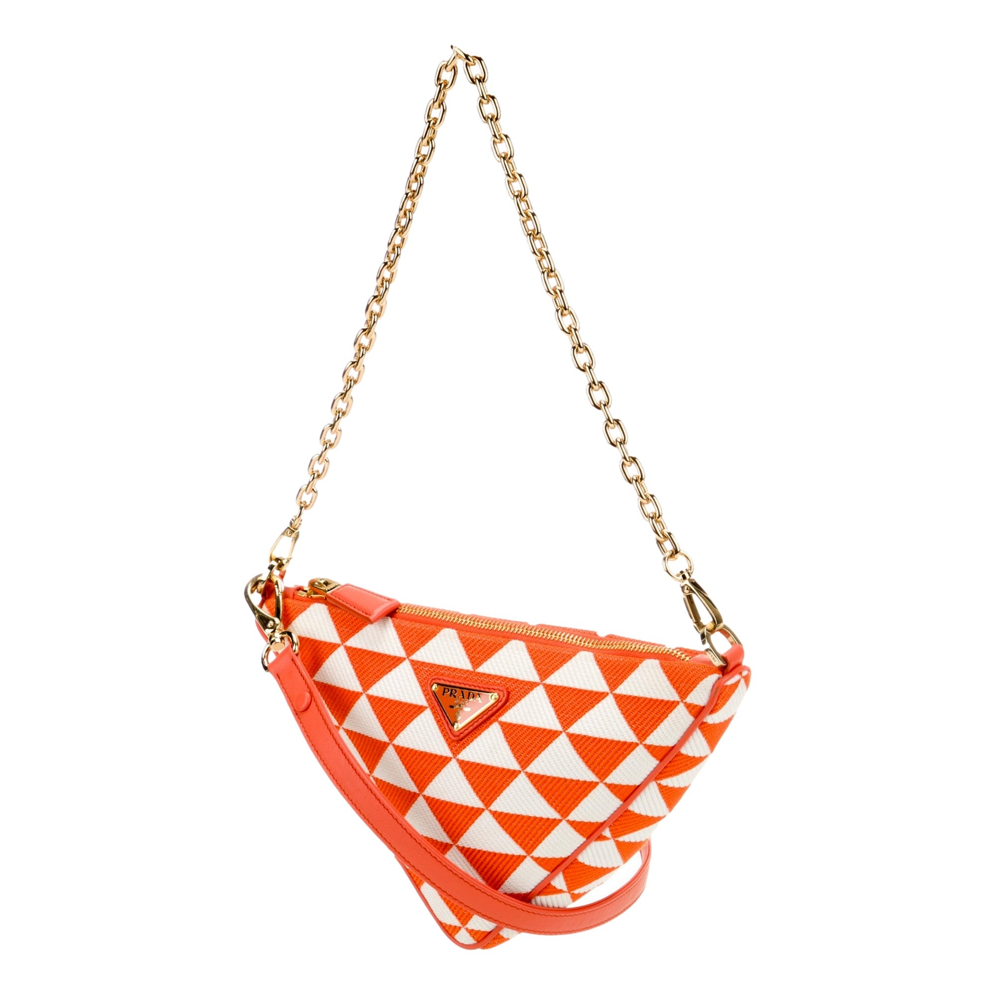 Prada Triangle Jacquard Canvas Orange White Chain Shoulder Bag