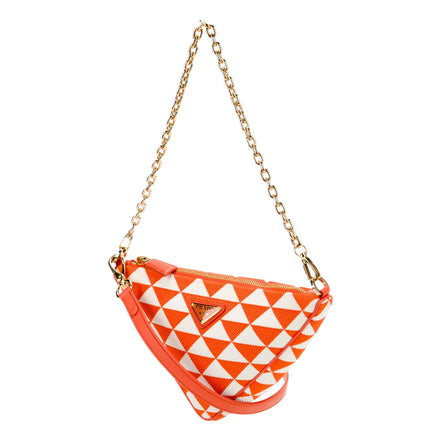 Prada Triangle Jacquard Canvas Orange White Chain Shoulder Bag