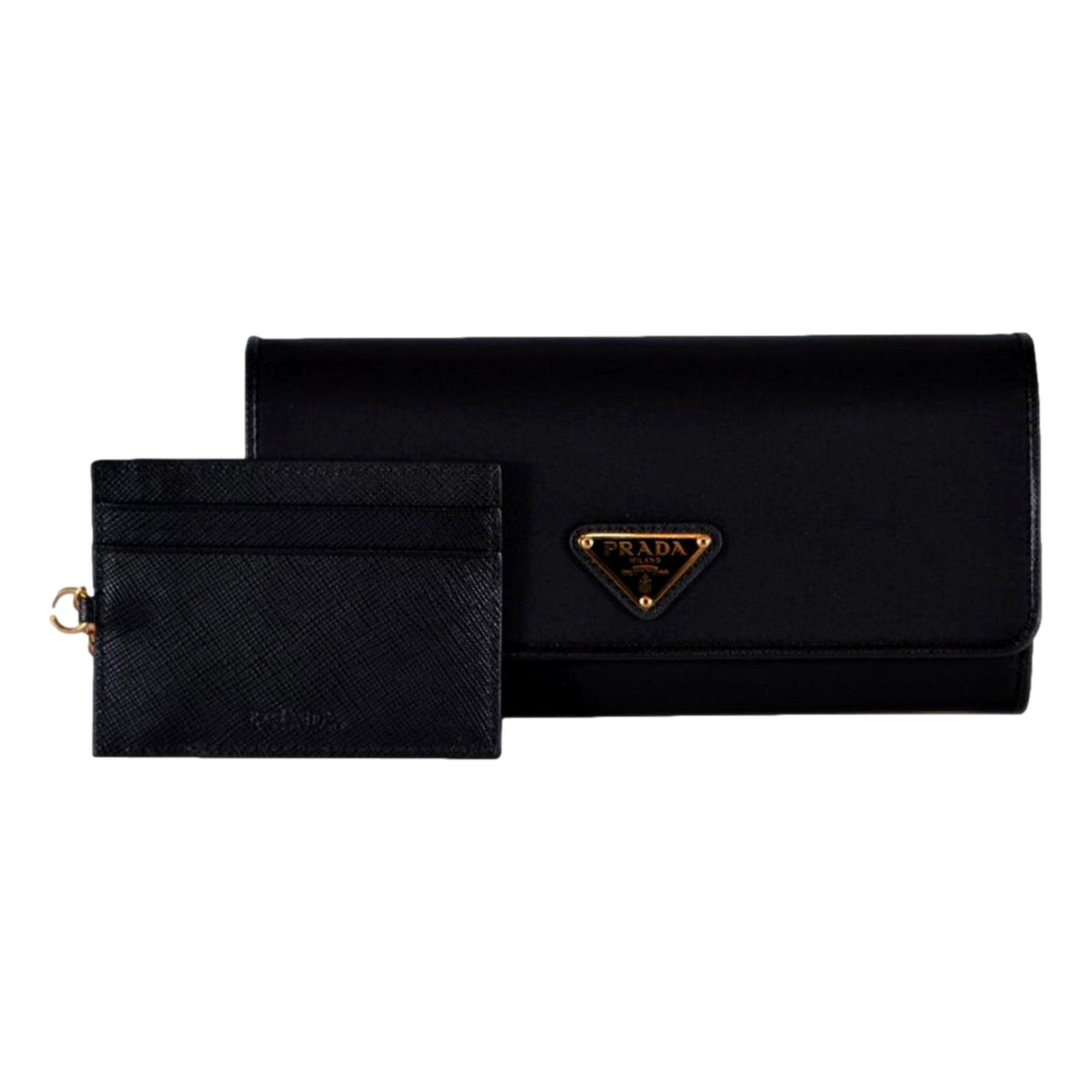 Prada Triangle Logo Tessuto Re-Nylon Black Continental Large Flap Wallet available at Queen Bee of Beverly Hills