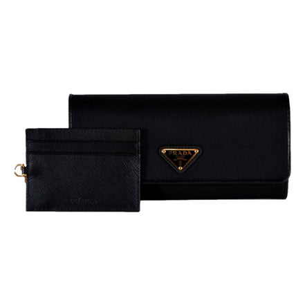 Prada Triangle Logo Tessuto Re-Nylon Black Continental Large Flap Wallet available at Queen Bee of Beverly Hills