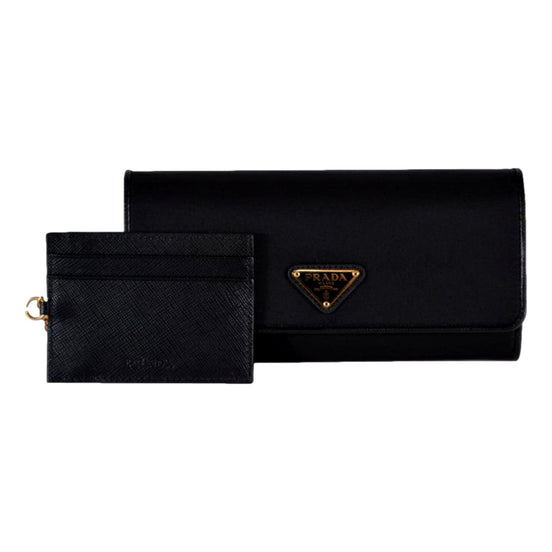 Prada Triangle Logo Tessuto Re-Nylon Black Continental Large Flap Wallet available at Queen Bee of Beverly Hills