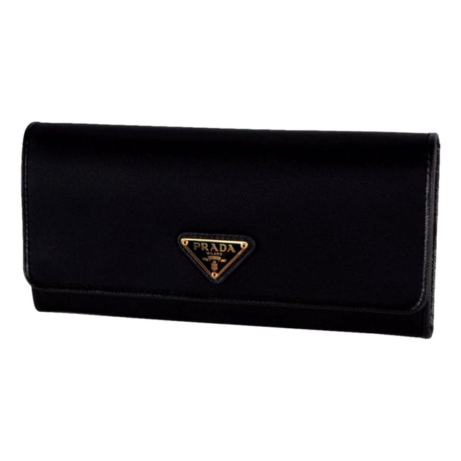Prada Triangle Logo Tessuto Re-Nylon Black Continental Large Flap Wallet available at Queen Bee of Beverly Hills