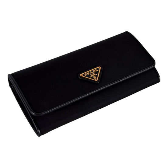 Prada Triangle Logo Tessuto Re-Nylon Black Continental Large Flap Wallet available at Queen Bee of Beverly Hills