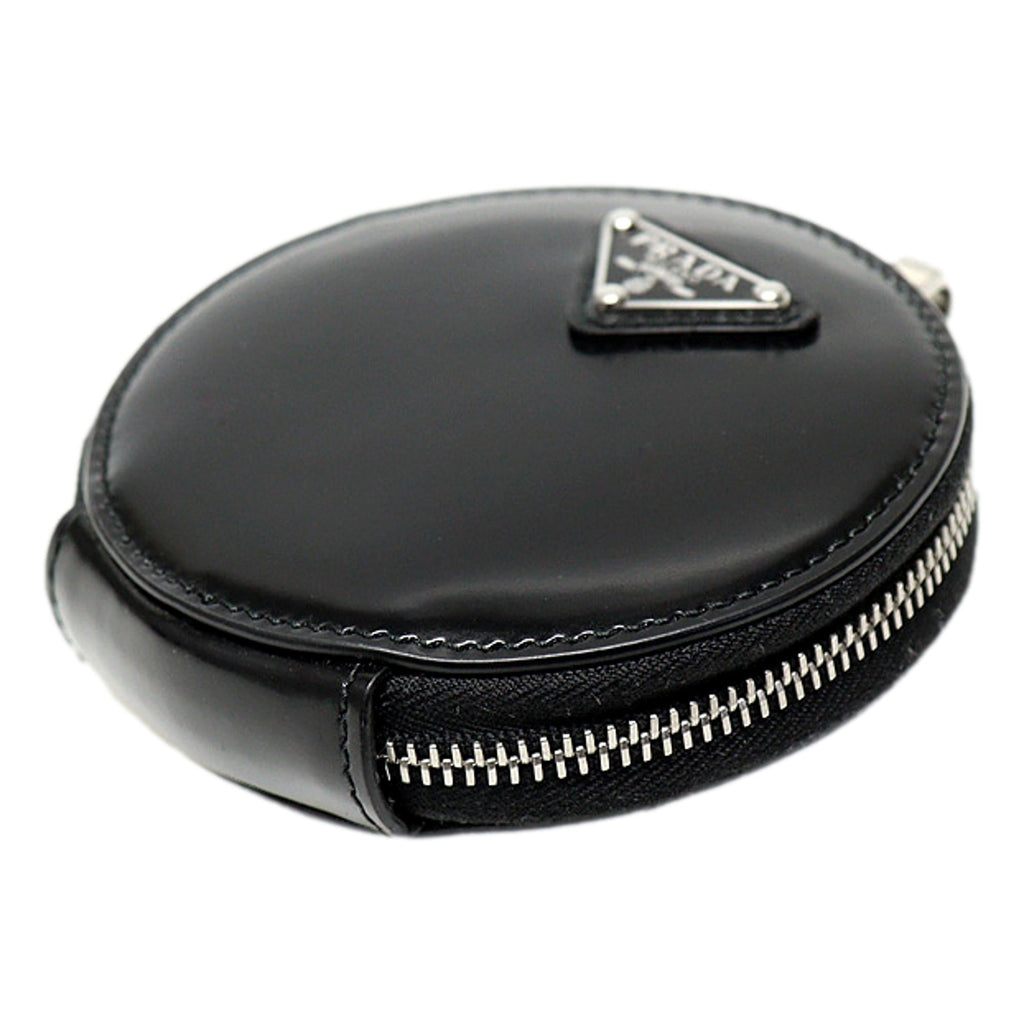 Prada Triangle Plaque Brushed Black Leather Round Mini Pouch Bag at_Queen_Bee_of_Beverly_Hills
