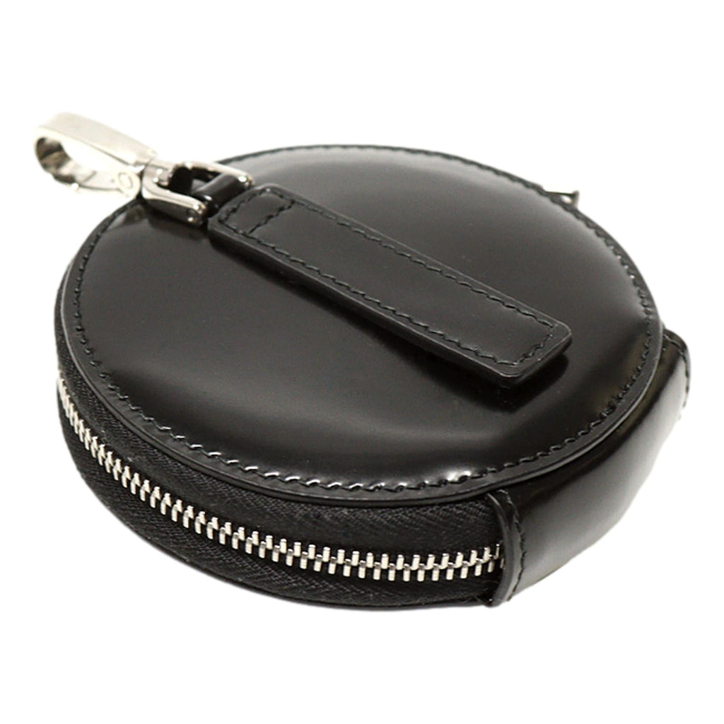 Prada Triangle Plaque Brushed Black Leather Round Mini Pouch Bag at_Queen_Bee_of_Beverly_Hills