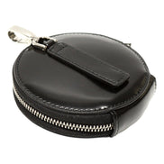 Prada Triangle Plaque Smooth Black Leather Round Mini Pouch Keychain available at Queen Bee of Beverly Hills