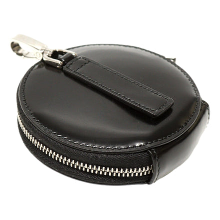 Prada Triangle Plaque Smooth Black Leather Round Mini Pouch Keychain available at Queen Bee of Beverly Hills