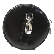 Prada Triangle Plaque Smooth Black Leather Round Mini Pouch Keychain available at Queen Bee of Beverly Hills
