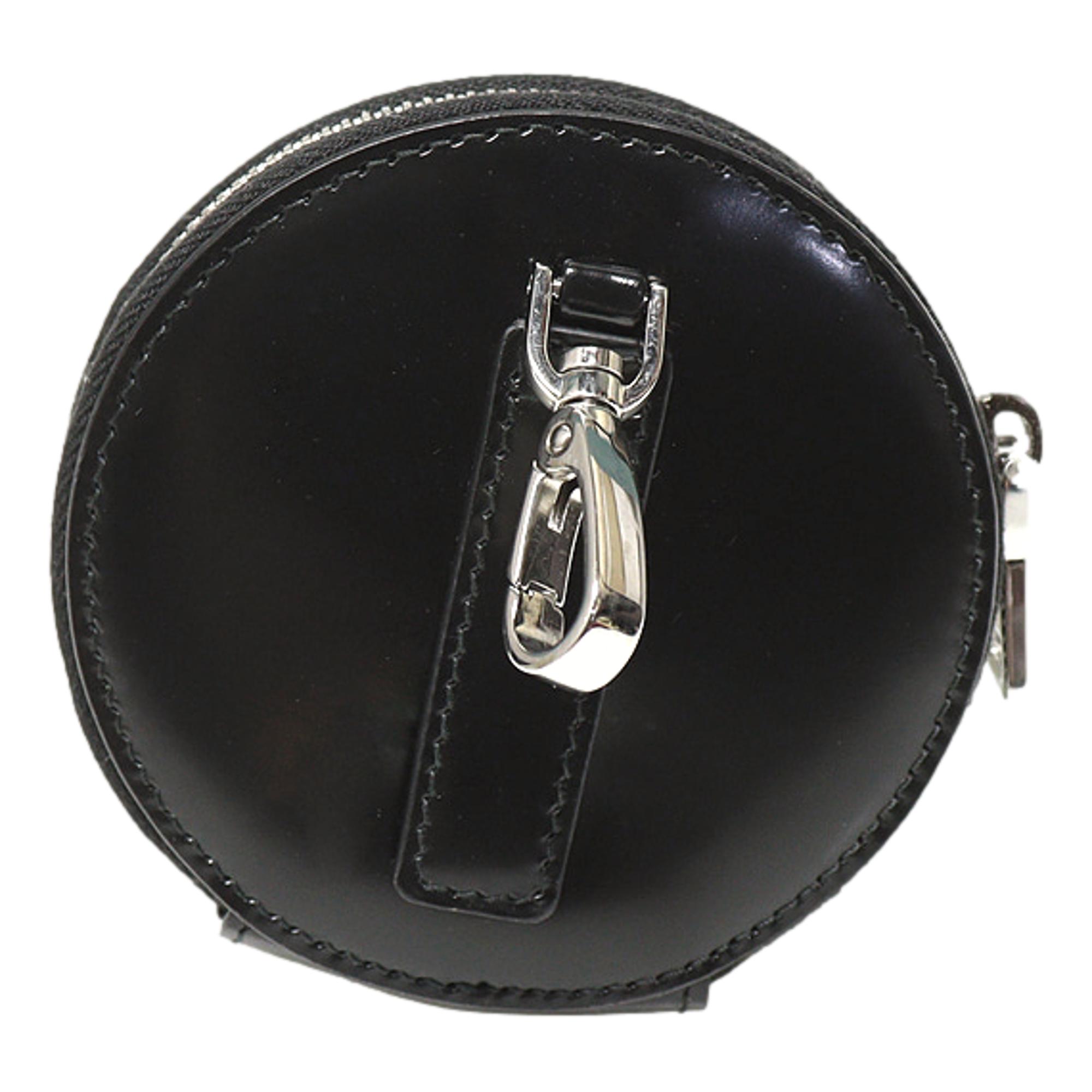 Prada Triangle Plaque Smooth Black Leather Round Mini Pouch Keychain available at Queen Bee of Beverly Hills