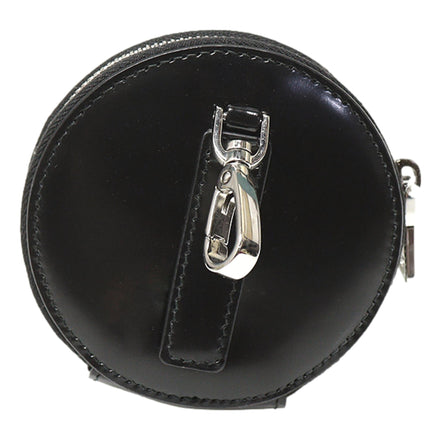 Prada Triangle Plaque Smooth Black Leather Round Mini Pouch Keychain available at Queen Bee of Beverly Hills