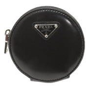 Prada Triangle Plaque Smooth Black Leather Round Mini Pouch Keychain available at Queen Bee of Beverly Hills