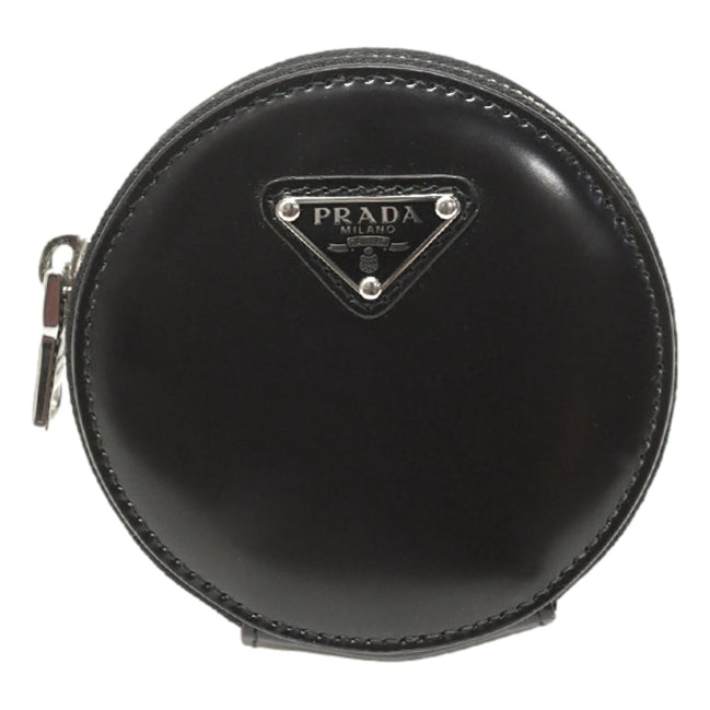 Prada Triangle Plaque Smooth Black Leather Round Mini Pouch Keychain available at Queen Bee of Beverly Hills