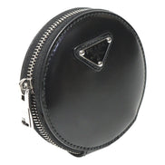 Prada Triangle Plaque Smooth Black Leather Round Mini Pouch Keychain available at Queen Bee of Beverly Hills