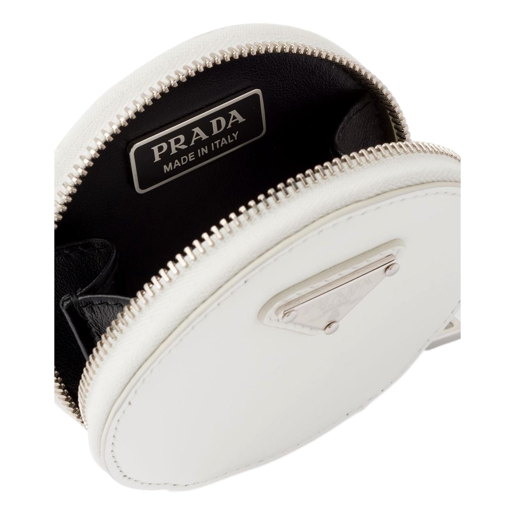 Prada Triangle Plaque Smooth White Leather Round Mini Pouch Keychain available at Queen Bee of Beverly Hills