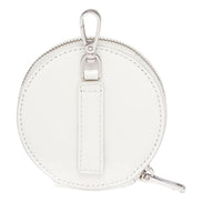 Prada Triangle Plaque Smooth White Leather Round Mini Pouch Keychain available at Queen Bee of Beverly Hills