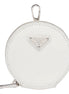Prada Triangle Plaque Smooth White Leather Round Mini Pouch Keychain available at Queen Bee of Beverly Hills