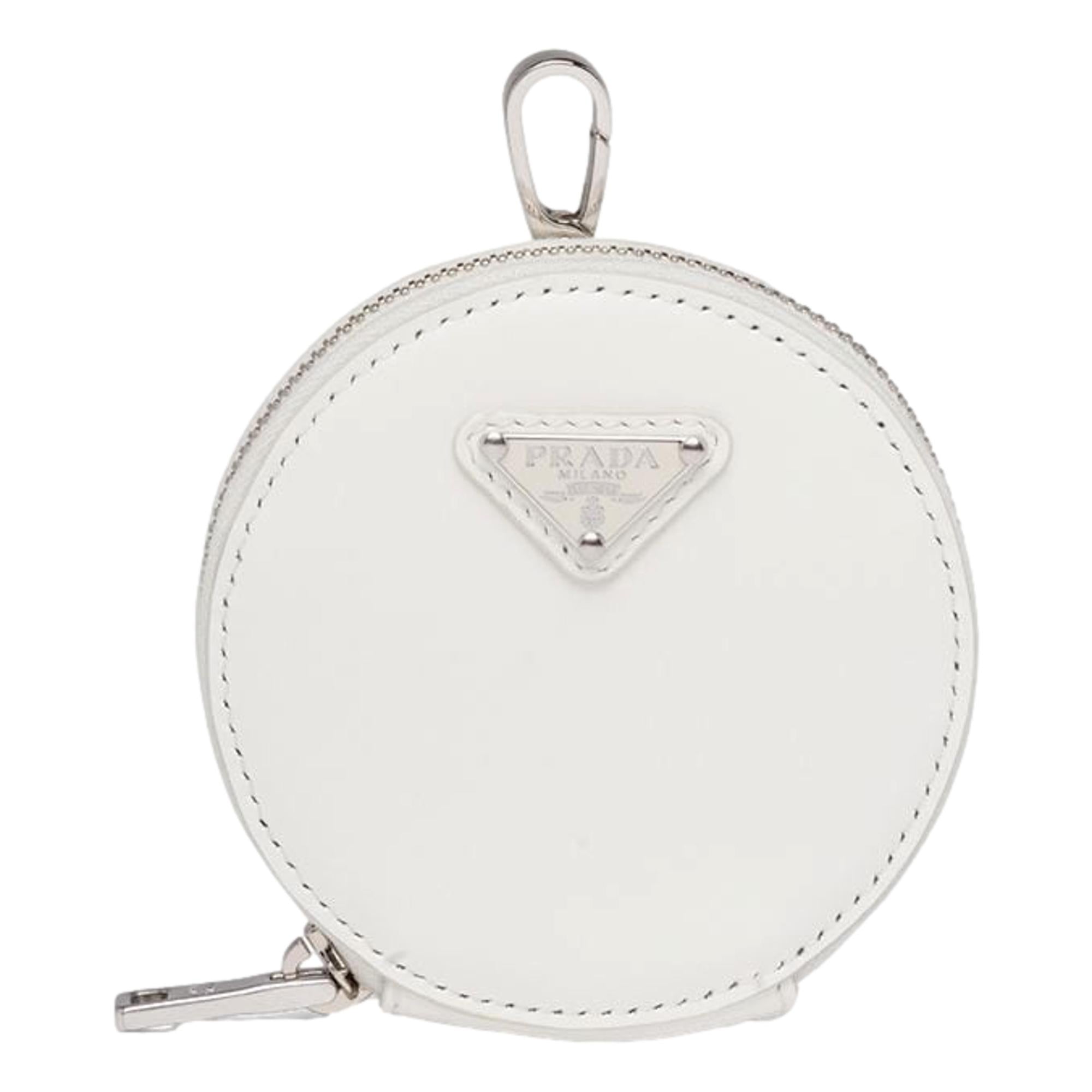 Prada Triangle Plaque Smooth White Leather Round Mini Pouch Keychain available at Queen Bee of Beverly Hills