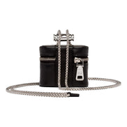 Prada Triangle Saffiano Black Leather Mini Airpods Case with Chain available at Queen Bee of Beverly Hills