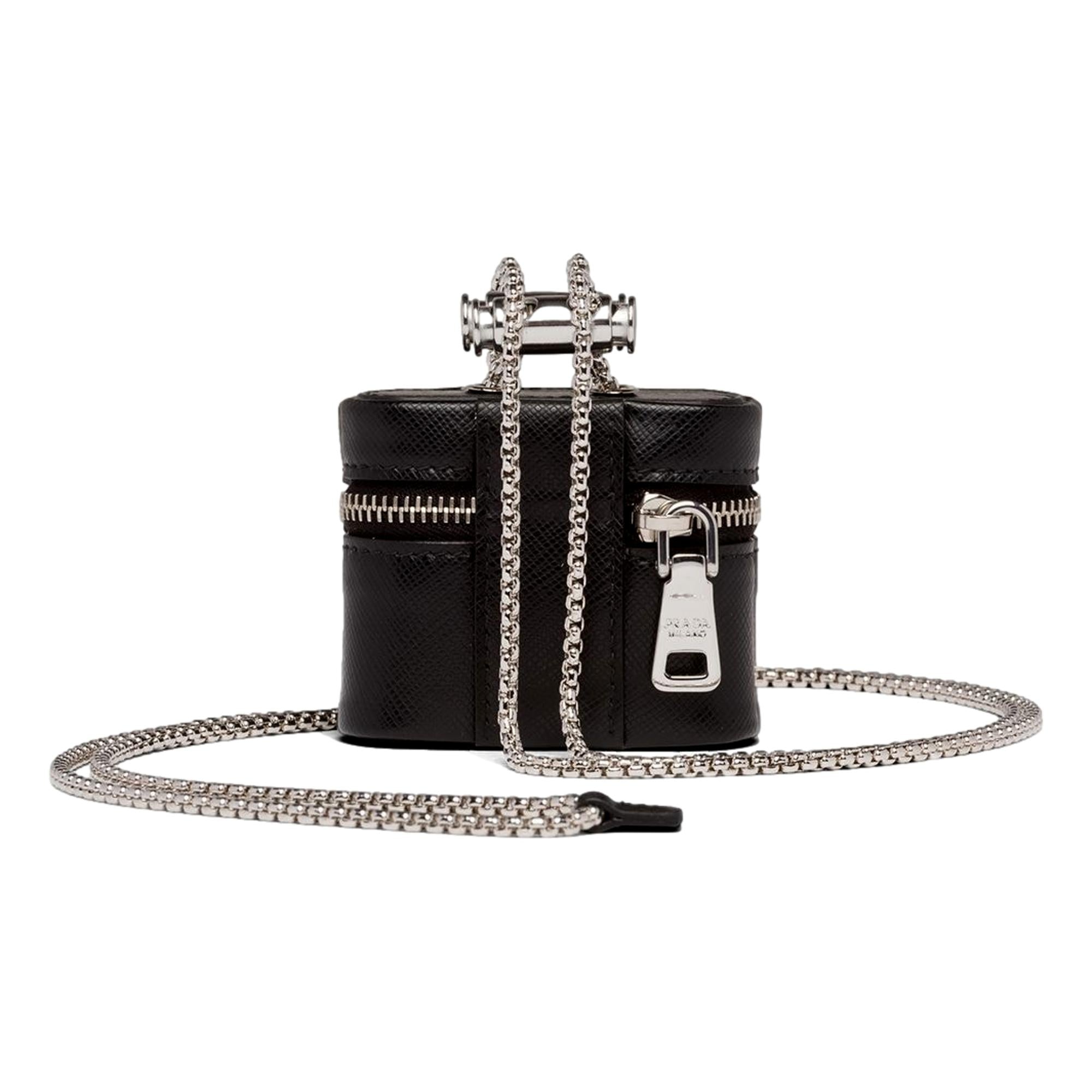 Prada Triangle Saffiano Black Leather Mini Airpods Case with Chain available at Queen Bee of Beverly Hills