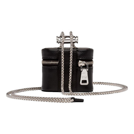 Prada Triangle Saffiano Black Leather Mini Airpods Case with Chain available at Queen Bee of Beverly Hills