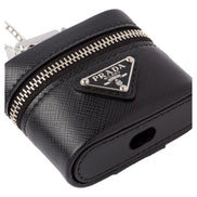 Prada Triangle Saffiano Black Leather Mini Airpods Case with Chain available at Queen Bee of Beverly Hills