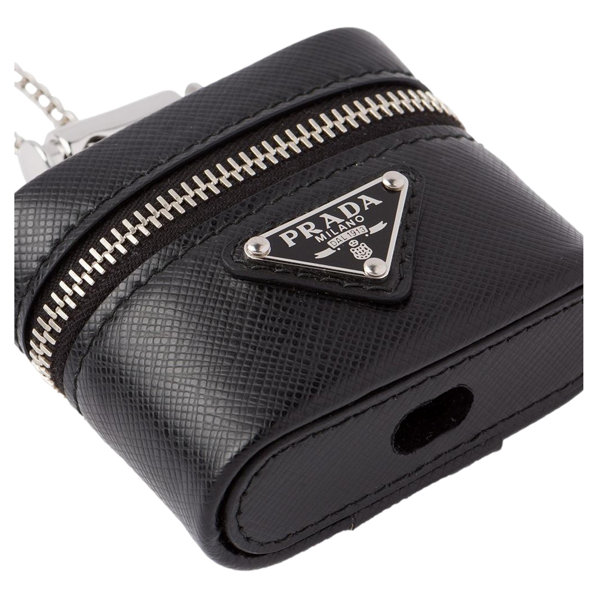 Prada Triangle Saffiano Black Leather Mini Airpods Case with Chain available at Queen Bee of Beverly Hills