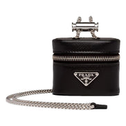 Prada Triangle Saffiano Black Leather Mini Airpods Case with Chain available at Queen Bee of Beverly Hills