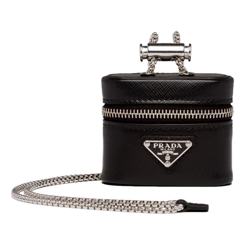 Prada Triangle Saffiano Black Leather Mini Earphone Case with Chain at_Queen_Bee_of_Beverly_Hills