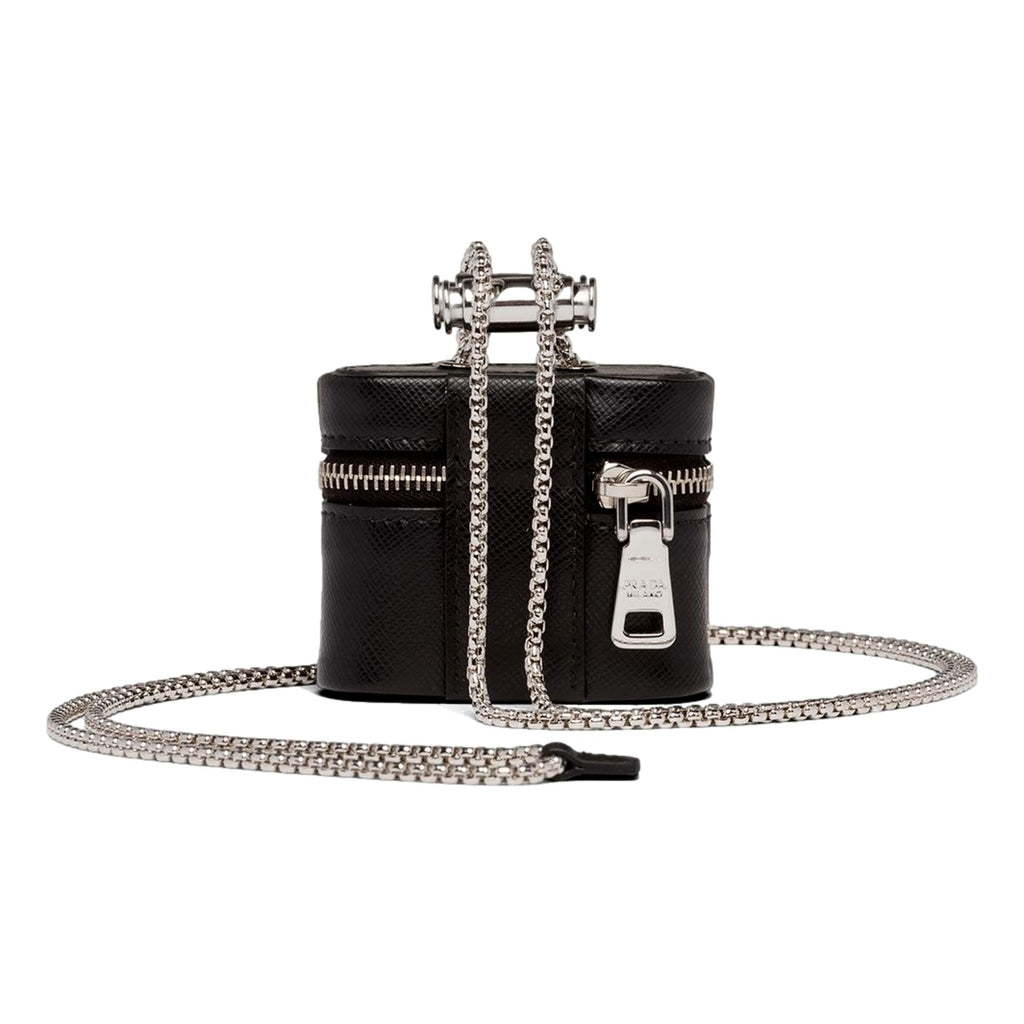 Prada Triangle Saffiano Black Leather Mini Earphone Case with Chain at_Queen_Bee_of_Beverly_Hills