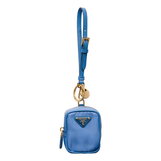 Prada Blue Nylon Leather Mini Pouch Bag Charm Keychain - available at Queen Bee of Beverly Hills. 