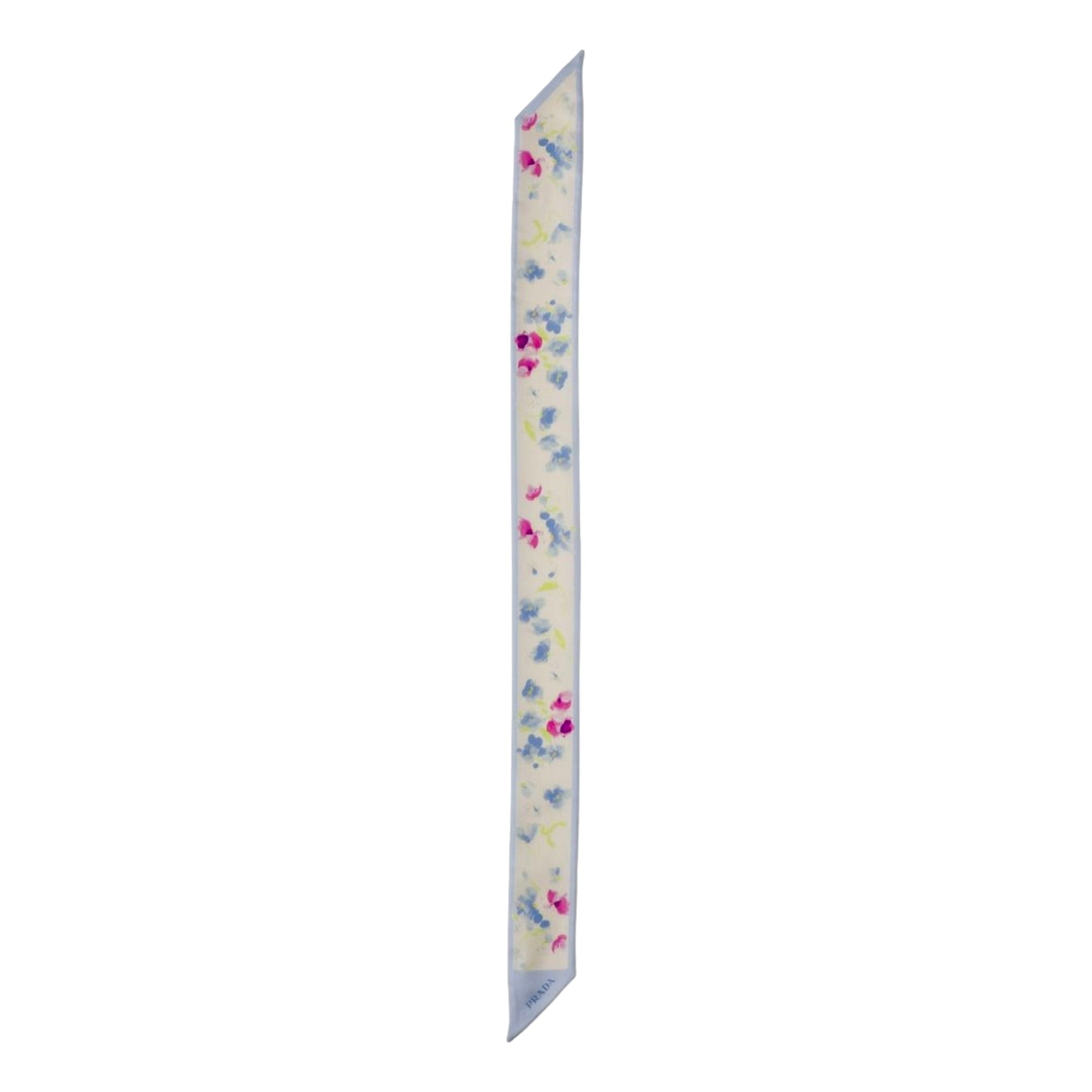 Prada Light Blue Floral Print Silk Twilly Scarf - available at Queen Bee of Beverly Hills. 