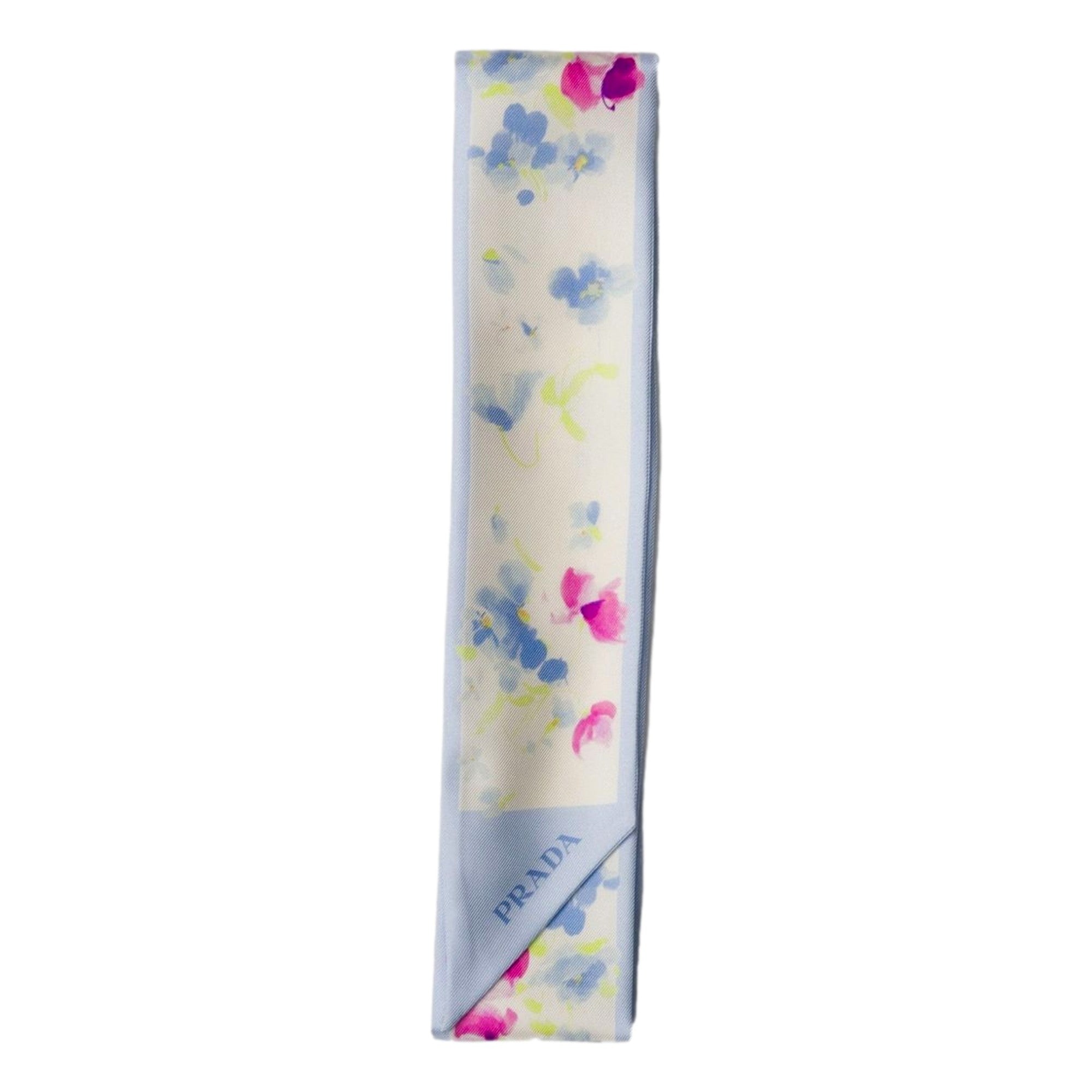 Prada Light Blue Floral Print Silk Twilly Scarf - available at Queen Bee of Beverly Hills. 