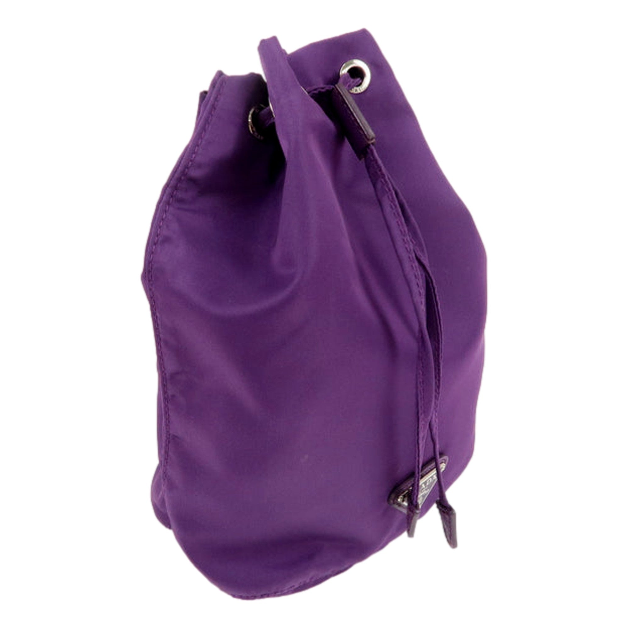 Prada UVA Purple Tessuto Nylon Triangle Logo Drawstring Bucket Bag available at Queen Bee of Beverly Hills