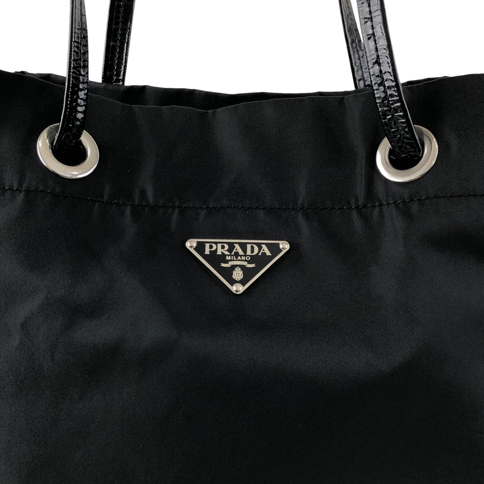 Prada Vintage Tessuto Triangle Logo Drawstring Handbag Totebag Black
