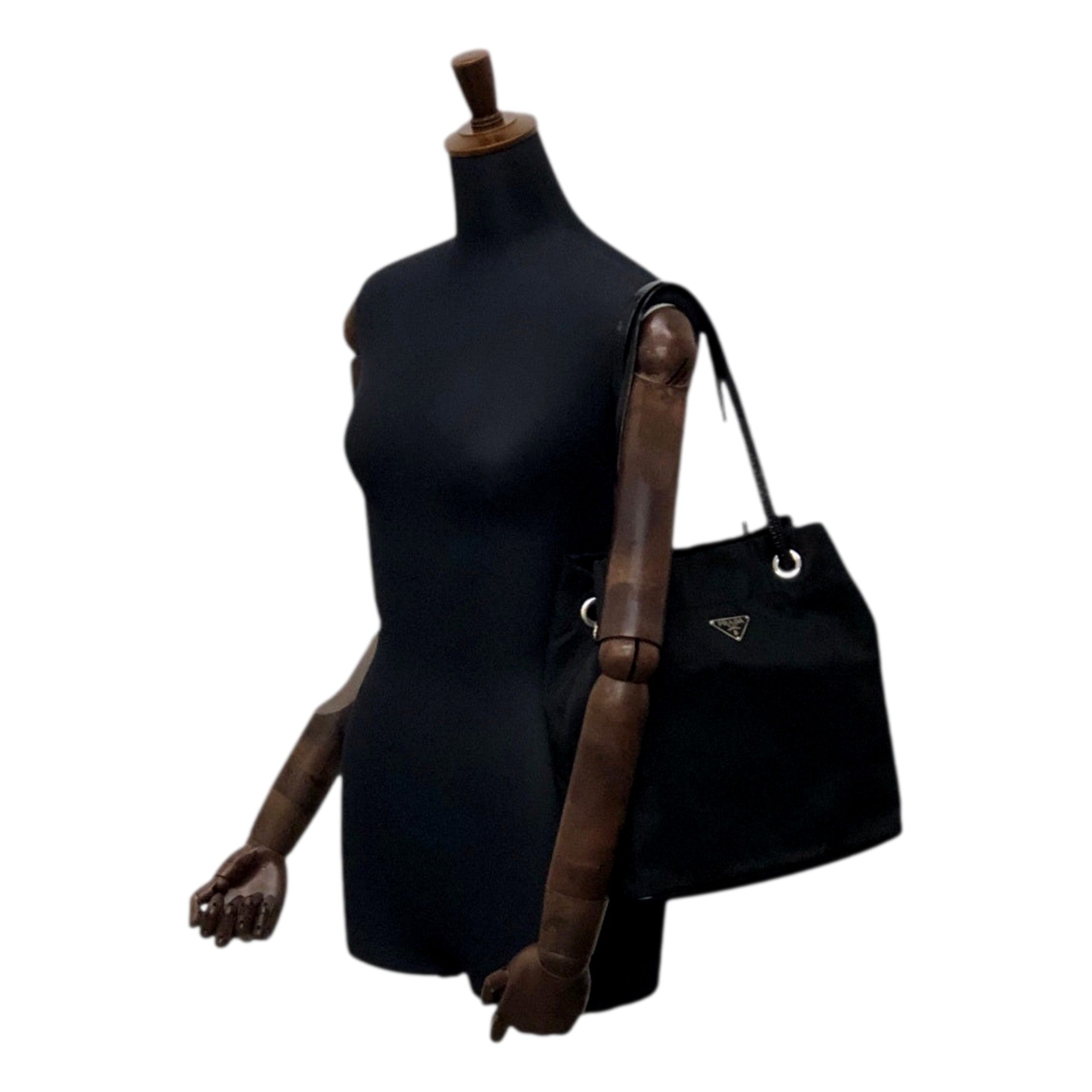 Prada Vintage Tessuto Triangle Logo Drawstring Handbag Totebag Black