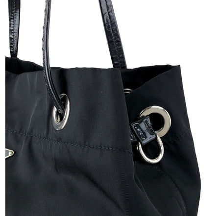 Prada Vintage Tessuto Triangle Logo Drawstring Handbag Totebag Black