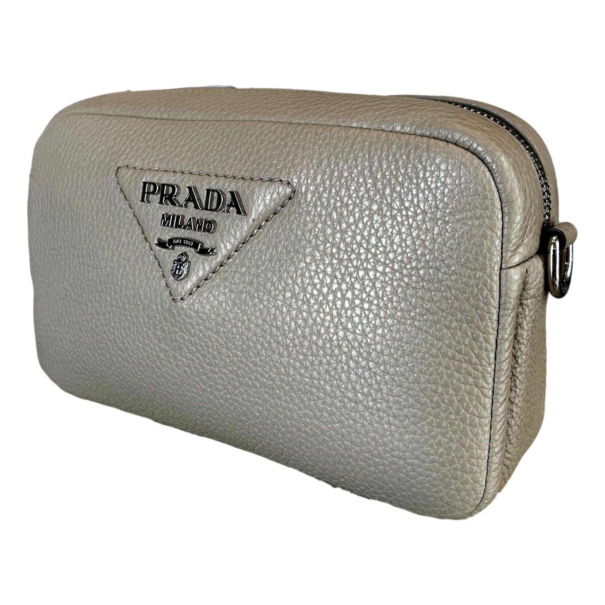 Prada Vitello Daino Leather Sabbia Beige Web Strap Camera Crossbody available at Queen Bee of Beverly Hills