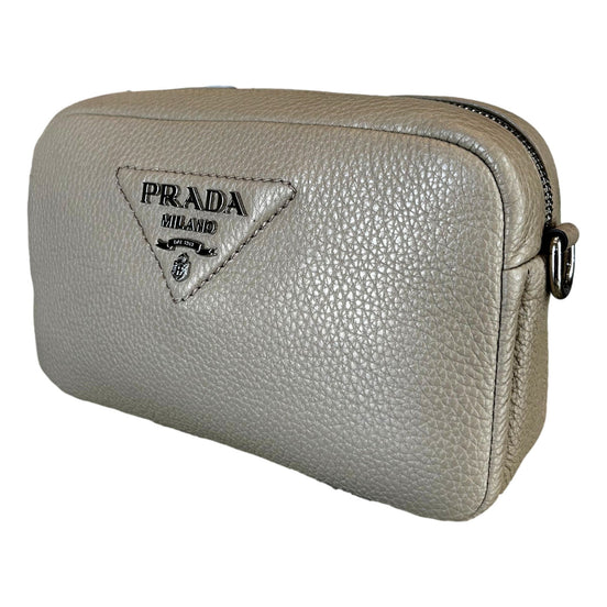 Prada Vitello Daino Leather Sabbia Beige Web Strap Camera Crossbody available at Queen Bee of Beverly Hills