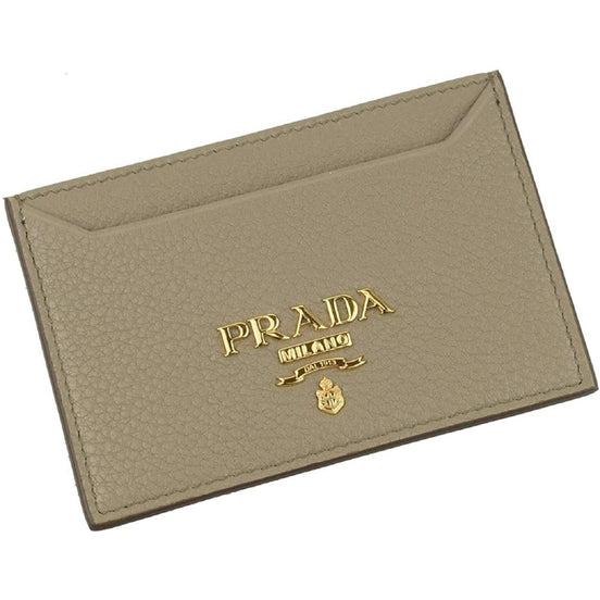 Prada Vitello Grain Argilla Grey Leather Small Card Holder Wallet available at Queen Bee of Beverly Hills