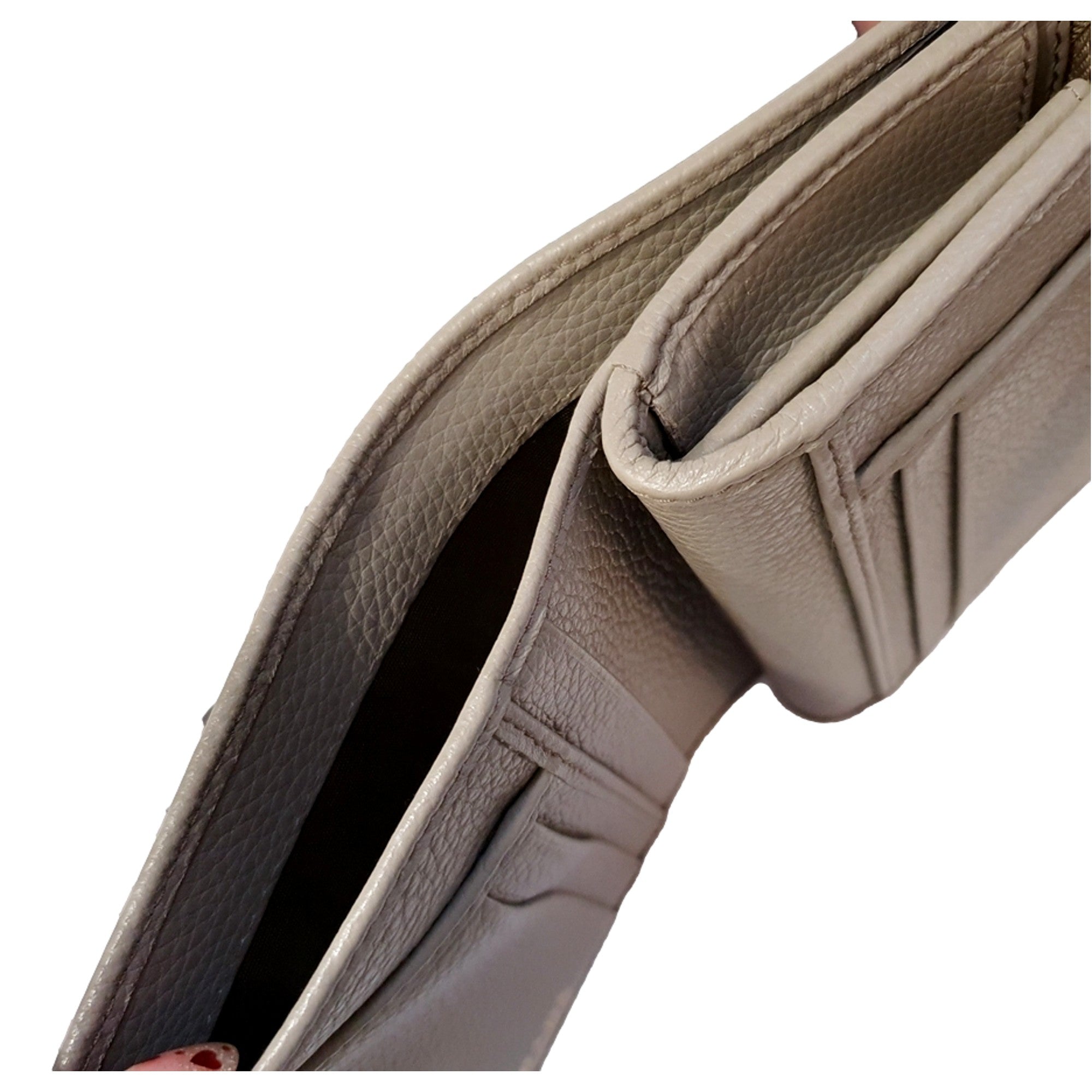 Prada Vitello Grain Argilla Grey Leather Small Wallet with Zipper Gold Plaque Logo available at Queen Bee of Beverly Hills