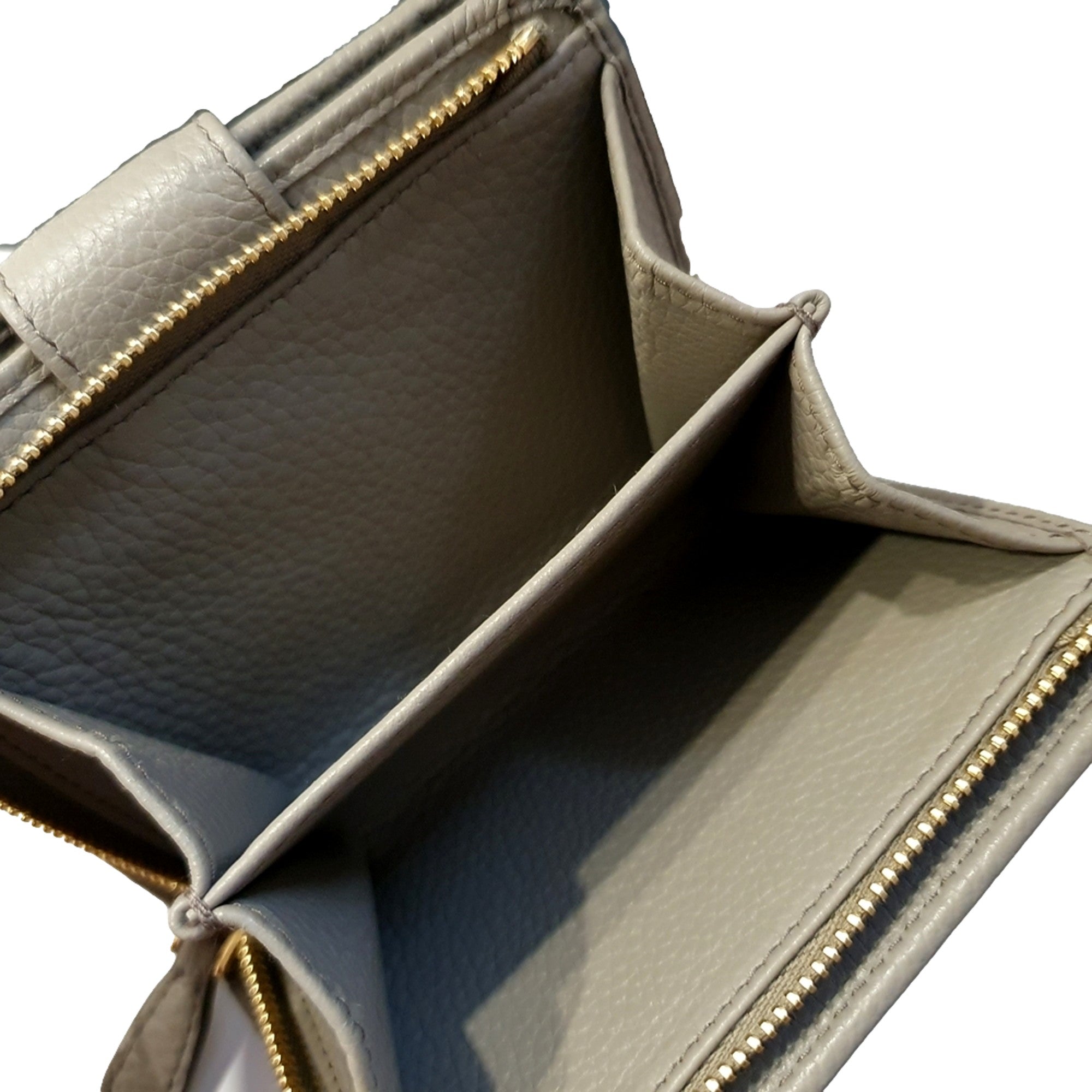 Prada Vitello Grain Argilla Grey Leather Small Wallet with Zipper Gold Plaque Logo available at Queen Bee of Beverly Hills