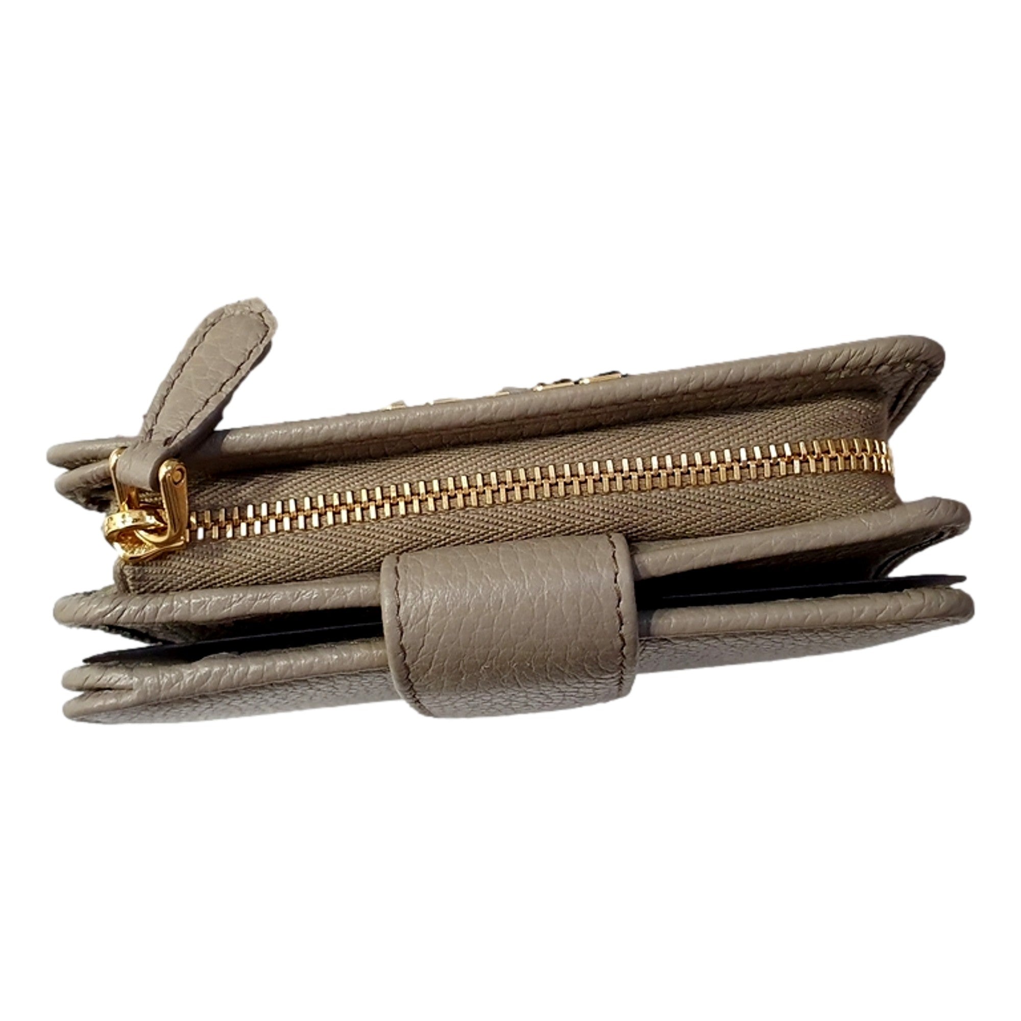 Prada Vitello Grain Argilla Grey Leather Small Wallet with Zipper Gold Plaque Logo available at Queen Bee of Beverly Hills