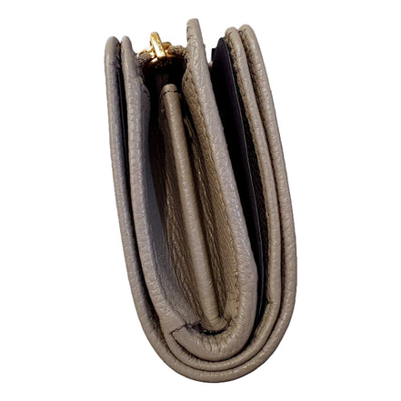 Prada Vitello Grain Argilla Grey Leather Small Wallet with Zipper Gold Plaque Logo available at Queen Bee of Beverly Hills