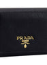 Prada Vitello Grain Black Trifold Compact Wallet Leather Logo Plaque available at Queen Bee of Beverly Hills