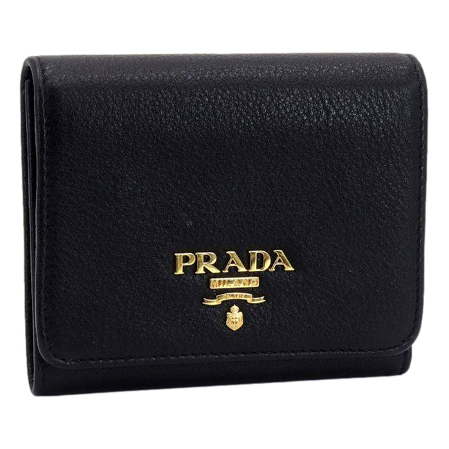 Prada Vitello Grain Black Trifold Compact Wallet Leather Logo Plaque available at Queen Bee of Beverly Hills