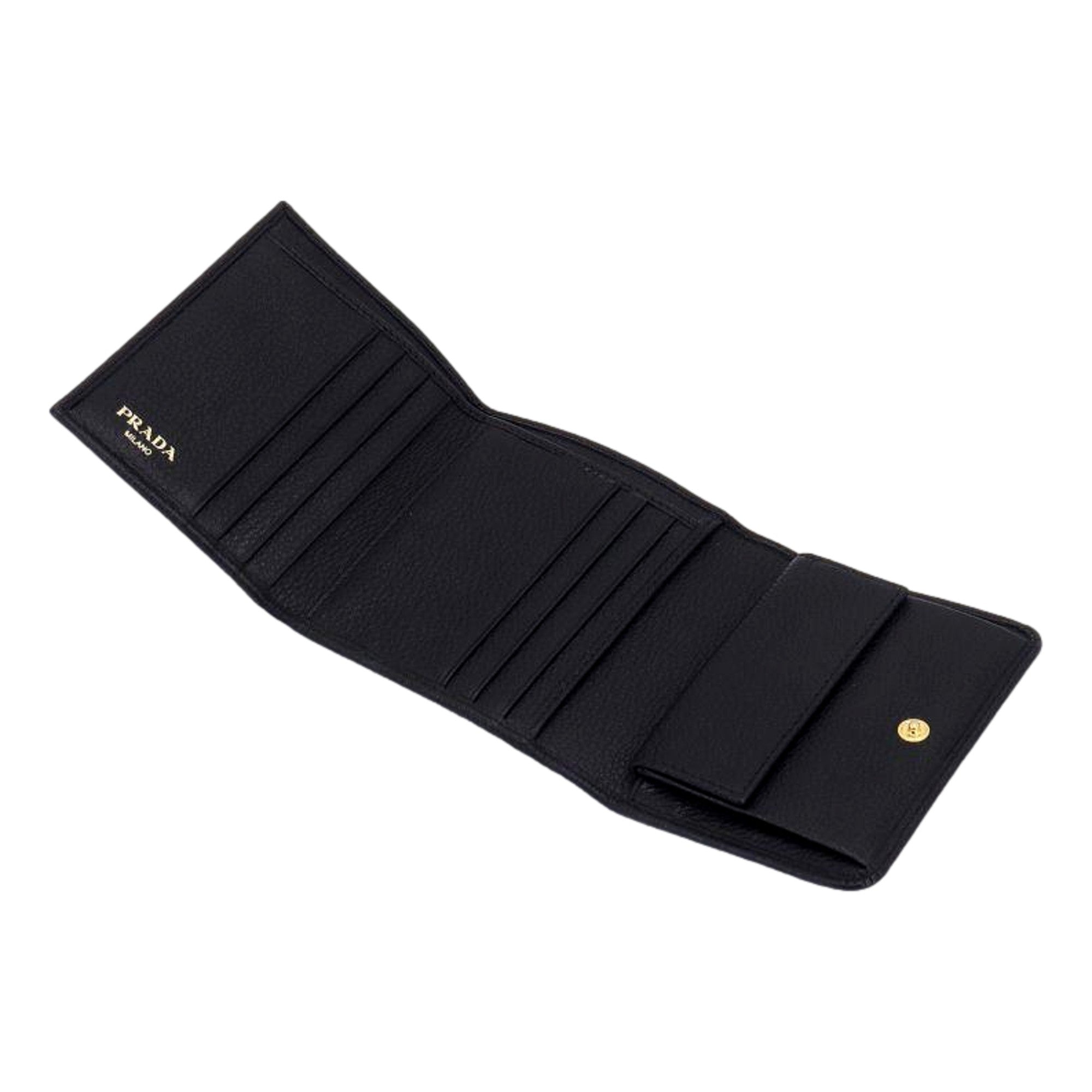 Prada Vitello Grain Black Trifold Compact Wallet Leather Logo Plaque available at Queen Bee of Beverly Hills