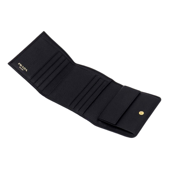 Prada Vitello Grain Black Trifold Compact Wallet Leather Logo Plaque available at Queen Bee of Beverly Hills